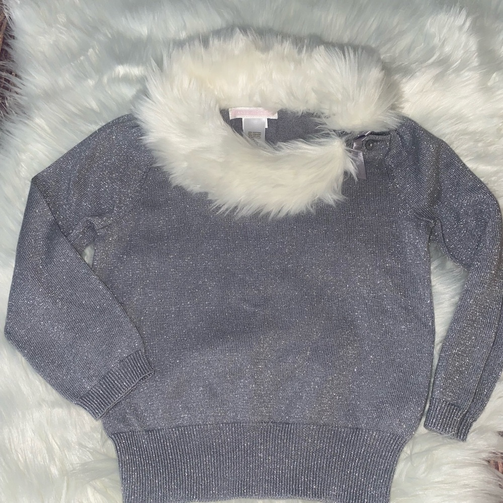 Janie and Jack Gray  Sweater with White faux Fur Trim
